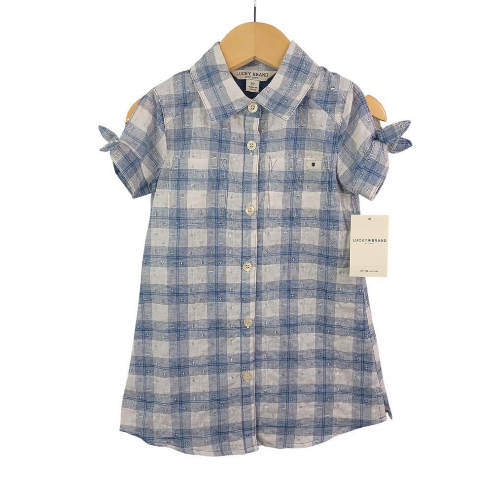 Lucky‎ Brand Girls Button Up Shirt Dress Bree Plaid Short Sleeve Blue Cotton 2T